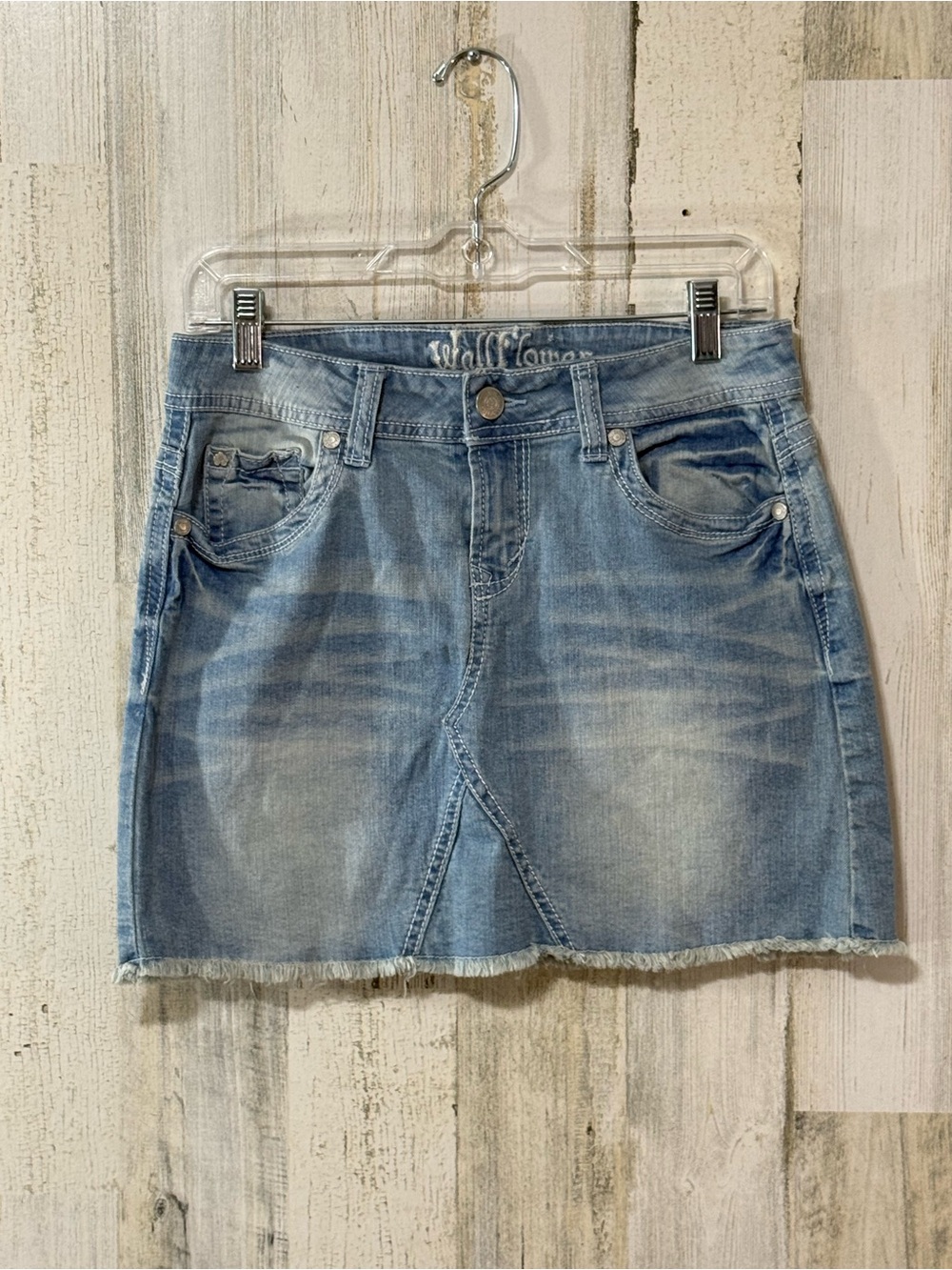 Wallflower Light Blue Washed Denim Mini Skirt with Frayed Hem - Picture 1 of 9